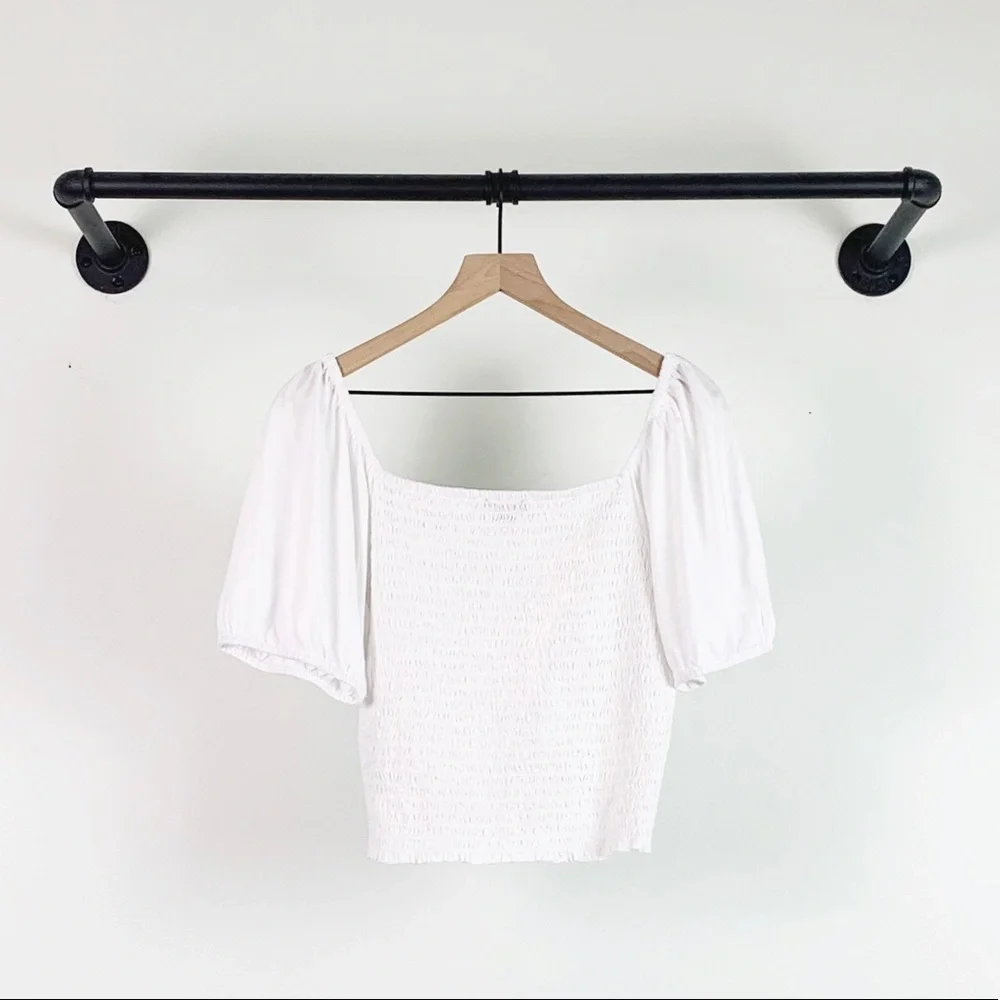 NWT J. Crew Top Smocked Broken In Jersey Crop in White AY449